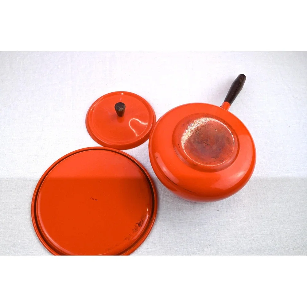Vintage Mid Century Modern Flame Orange Japanese Fondue Pot Teak Wood Handles